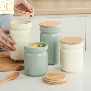 Storage Bottles 700/1100ml Ceramic Round Food Jar With Bamboo Lid Kitchen Coffee Beans Tea Grains Canister Home Snack Nut Tank