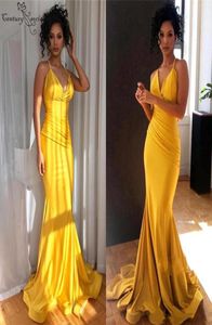Żółte sukienki wieczorowe syrena długie seksowne paski spaghetti Criss Cross Back Sieknie