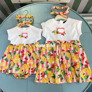 Summer Kids Girl Dress med pannband Bomullsklänning Nyfödd baby prinsessklänning Lyxig blomma fruktklänning tunn och bekväm