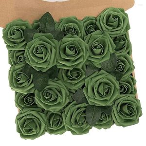Dekoratif çiçekler yapay 25pcs gerçek görünümlü elf yeşili köpük sahte güller için sapları ile DIY düğün buketleri gelin duş centerpieces s