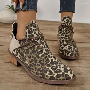 Boots Western för kvinnor 2024 Autumn Retro Leopard Print Women's bekväma låga häl stora storlekar damer Botiner Mujer