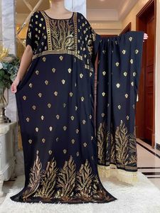 Roupas étnicas 2024 Novas mulheres muçulmanas verão abaya vestido de algodão curto de algodão estampando lady maxi islã vestido africano com lenço grande t240510