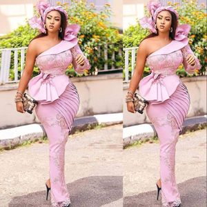 2021 Aso Ebi Pink Mother Of The Bride Dresses One Shoulder Full Lace Appliques Beads Long Sleeve Mermaid Prom Evening Wedding Guest Gow 278b