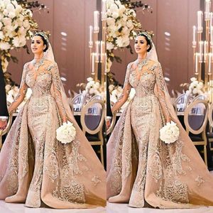 New Arabic Dubai Long Sleeve Wedding Dress Gorgeous High Neck 2020 Mermaid Lace Appliques Detachable Train Bridal Gown vestido de noiva 220p