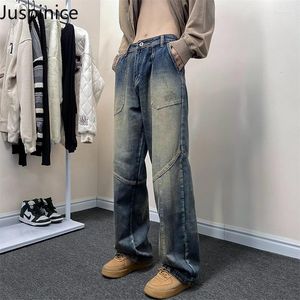 Jeans maschile in stile americano lavato spiccing High Street Bella nicchia sciolta pantaloni a gamba larga per uomini vestiti maschili maschi