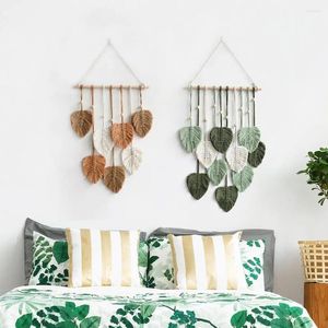 Tapisserier handgjorda blad tapestry bomull rep väggdekor boho makram med faux fjädrar handgjorda garn vävt för hemmet