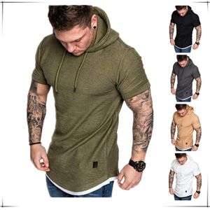 Storlek S-XXL Summer Men's Hooded T-shirt Male Casual Pullover Kortärmad solid Slim T-shirt Top Tees-kläder