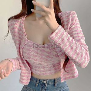 Women's T Shirt sexy Tees Two piece set with shoulder pads chest pads small fragrant checkered suspender vest jacket small cardigan design short autumn tops