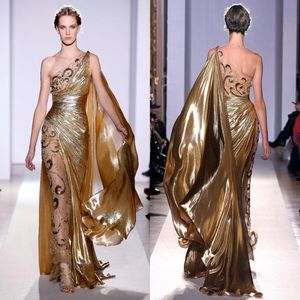 Zuhair Murad Haute Couture Appliques Gold Evening Dresses Long Mermaid One Shoulder with Appliques Sheer Vintage Pageant Prom Gowns 243L