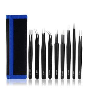 Esd Tweezers de aço inoxidável antiestático 9pcs Canvas de couro Conjunto de saco de precisão Tweezers Kit para reparo de objetos eletrônicos 5537011