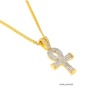 Hip Hop Gold Plated Cross Necklace Mens Full Iced Out Crystal Egyptian Ankh Key Pendant Necklace With 24'' Cuban Chain