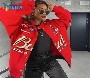 Red Long Sleeve racing Jackets Vintage Printed zipper Bomber Jacket Women Sport Style Polyester winter jacket women Coat 2201212477895928