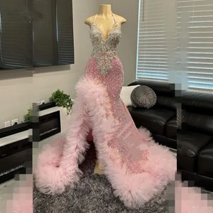 Luxury Pink Prom Dresses 2024 Blackgirl Ruffle Rhinestone Halter Side Slit Party Glowns Gowns Mermaid Vestidos de Gala