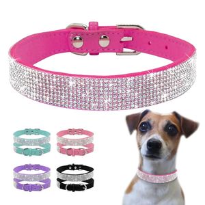 Rhinestone Dog Cat Collar in pelle scamosciata cucciolo di cucciolo Cats Collar per cani di piccola taglia Chihuahua Yorkshire Bulldog francese