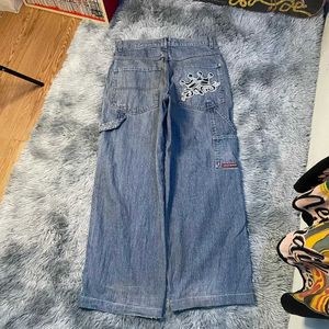 Męskie dżinsy Jnco Crown Graphic Broidery Retro Wash Dżinsy Y2K Punk High Taist Blue Denim Pants Gothic Men Women Gree G -Spoders H240508