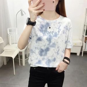 Kvinnors T-skjortor Summer Letter Brodery Tie Dye Pullovers Tee Shirt Korean Women Casual Loose Short Sleeve T-shirts Y2K TOPS Kvinna