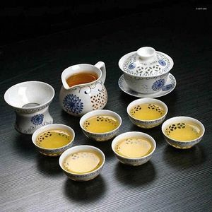 Полога устанавливает китайскую культуру сине-белую чайную джингжэнь набор керамическая чашка и церемония блюдца Gaiwan