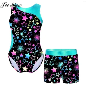 Kleidungsstücke Kinder Mädchen ärmellose Print Danz Tanz Lotard mit Shorts Ballet Gymnastic Bodysuit Dancwear Yoga Fitness Sportswear