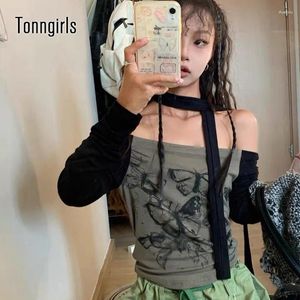 Women's T Shirts Tonngirls Grunge Print Shirt Women Off Shoulder Y2k Vintage Tops Streetwear Fairycore Crop Autumn Gothic E-girls 2000s