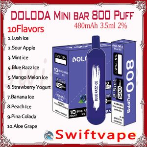 Hochwertige Doloda Mini Bar 800 Puff verfügbar E -Zigarette 480mAh Batterie 10 Aromen 3,5 ml 2% 0,8K Puffs Vapes Stift Starter Kit Authentic Großhandel
