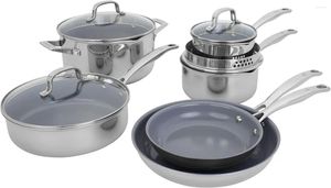 Köksredskap sätter klädda H3 10-PC induktion keramisk nonstick potten och pan set rostfritt stål Hållbart lätt att rengöra 23,6 x 13,9 11,2 tum