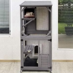 Cat Carriers House Outdoor Cage Enclosure On Wheels Large Wooden Kitty Catio With Resting Box PVC Layer