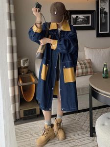 Trench femminili Coat vintage Denim Women Spring Autumn Block Tasche Patchwork Casual Jeans Giacca di grandi dimensioni