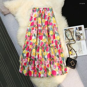 Kjolar franska retro färgade kvinnor tryckt lapptäcke hög midja blommig elastisk lös passform bantning a-line stor hem kjol