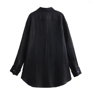 Kvinnors blusar Maxdutti 2024 Autumn High Street Fashion Blogger Black Blouse Retro Satin texturerad skjorta avslappnad topp pojkvän lös