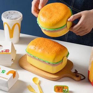 Hamburger Lunch Box Double Tier Cute Burger Bento Microwave Children School Meal Mat Container Fork Tabeller Set gåvor 240422