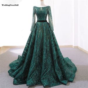 Dubai New Green Vintage Long Sleeve Evening Dresses 2021 A-Line Sequined Luxury Sparkle Evening Gowns Real Photo 325g