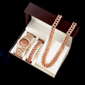 Designer Design Hip Hop Cuban Chain Watch Armband Three Piece Jewelry Set Personlig mode Diamond Set Hip Hop Full Diamond Necklace Accessories Holiday Gifts