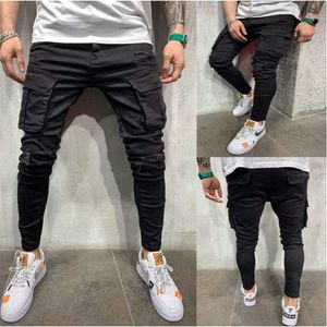 Men's Jeans Spring Festival Does Not Close Multiple Pockets with Holes Elastic Small Leg Jeans High-quality Denim Workwear Pants Mens New Stylepken