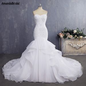 Amandabridal brudklänning sexig sjöjungfru bröllopsklänningar vintage spets brudklänning 2022 med löstagbara remmar veck lager 267o