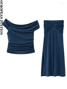 Sukienki robocze Pailete Women 2024 Modna Asymetryczna plisowana koszule lub boczna szczelina wysokotokarnia Drapowana spódnica Dwie sztuki