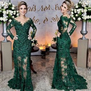 Vestidos de noite verde de esmeralda glamourosos Apliques de renda de manga longa Mermaid vestido de baile de manga longa feita feita através de tule longa noite 249j