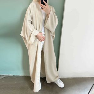 Ethnic Clothing New Solid Fashion Modest Kimono Open Abaya for Women Arab Dubai Turkey Moroccan Cotton Linen Overcoat Outer Garment Autumn T240510