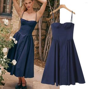 Lässige Kleider verwelkte Fashion Ladies Midi Kleid Französisch Retro Square Neck Elegante Gurt Marine Blue Frauen