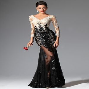 2019 NEW Sexy Sheer Lace Evening Dresses Black and White Mermaid Long Sleeves Evening Prom Dresses V Neck Sequins Appliqued Lace 427 271n