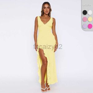 sexy Casual Dresses Designer Dress 2024 autumn new solid color side slit ruffle edge camisole skirt V-neck sexy high-end long skirt