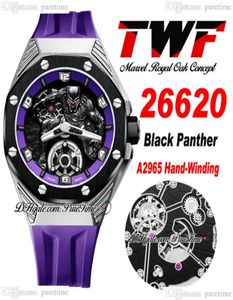 TWF 42 A2965 Hand Linding Mens Watch Tourbillon Titanium Steel Case Case Ceramic 3d Black Panther Dial Burple Rubber Slit 2022 S7256249