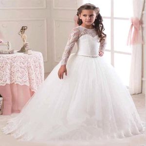 Long Sleeves Flower Girl Dresses Bow Lace Girls Normal Party Girls Dress For Party Wedding Ball Gown Kids Dress 234L