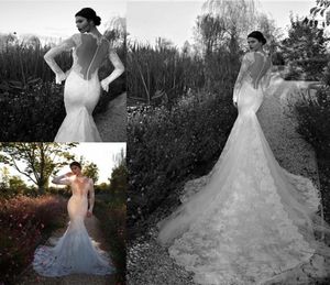 Berta Vintage Lace Long Sleeves Brautkleider Meerjungfrau Sheer High Neck Pearls Vestido de Novia Kathedrale Zug 2015 Rückenless Brid3869077