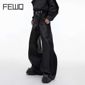 Męskie spodnie Funaq moda męskie spodnie skórzane Dekonstruowane zmarszczki luźna konsystencja prosta szerokie nogi spodnie solidne kolorowe kolor 24x1703l2405