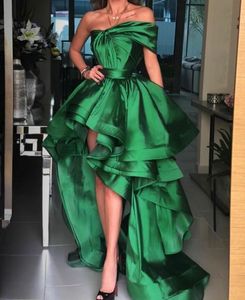 Elegant Hi-Lo Green Taffeta Prom Dresses with Ruffles A-Line One Shoulder Pleated Asymmetrical Length Zipper Back Prom Dresses for Women