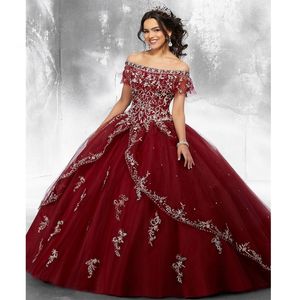 Burgundy Ball Gown Quinceanera Dresses Tulle Sweet Princess Dresses For Vestidos Birthday Dress 292F