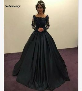 Graceful Black Princess Evening Dresses Long Sleeves Sheer Lace Beaded Appliques Scoop Ruched Ball Gown Party Gowns Formal Prom Dr1700085