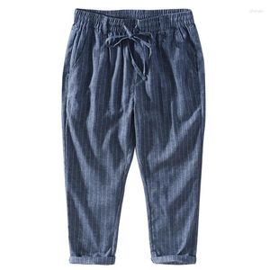 Men's Pants Spring And Summer Linen Cropped For Thin Youth Casual Striped Elastic Waistband Tied