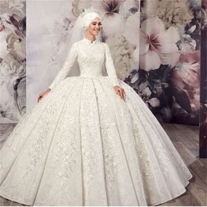 Muslim Wedding Dresses Dubai Ball Gown High Neck Lace Applique Long Sleeve Wedding Dress Floor Length Luxury Bridal Gowns 3042