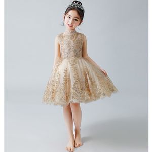 Sparkly Gold Sequined Flower Girls Dresses For Weddings Beaded Short Toddler Pageant Gowns High Neck Knee Length Tulle Kids Prom Dress 236t